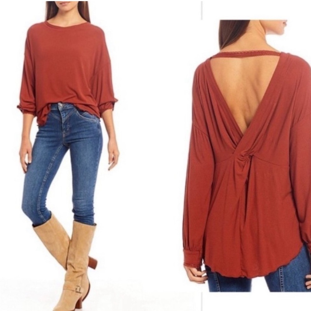 Free‎ People Shimmy Shake Top Rust Open Back Boho Long Sleeve XS
